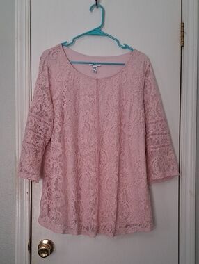 Isaac Mizrahi Pink Lace & Crochet Tunic 3/4 Sleeve Scoop Neck Top Sz 1X